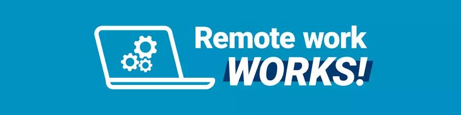 A laptop computer with gears on it, next to the text "Remote work WORKS!"