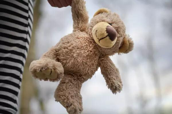 A child's hand holding a fluffy teddy bear