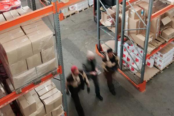 Three people walking through a warehouse with a variety of boxes on the shelves.